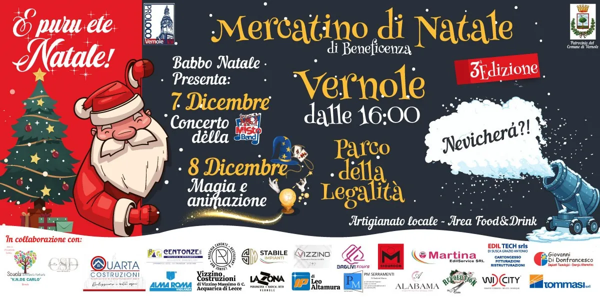 Mercatino di Natale a Vernole, Lecce, con concerto, Babbo Natale e giochi per i piccoli