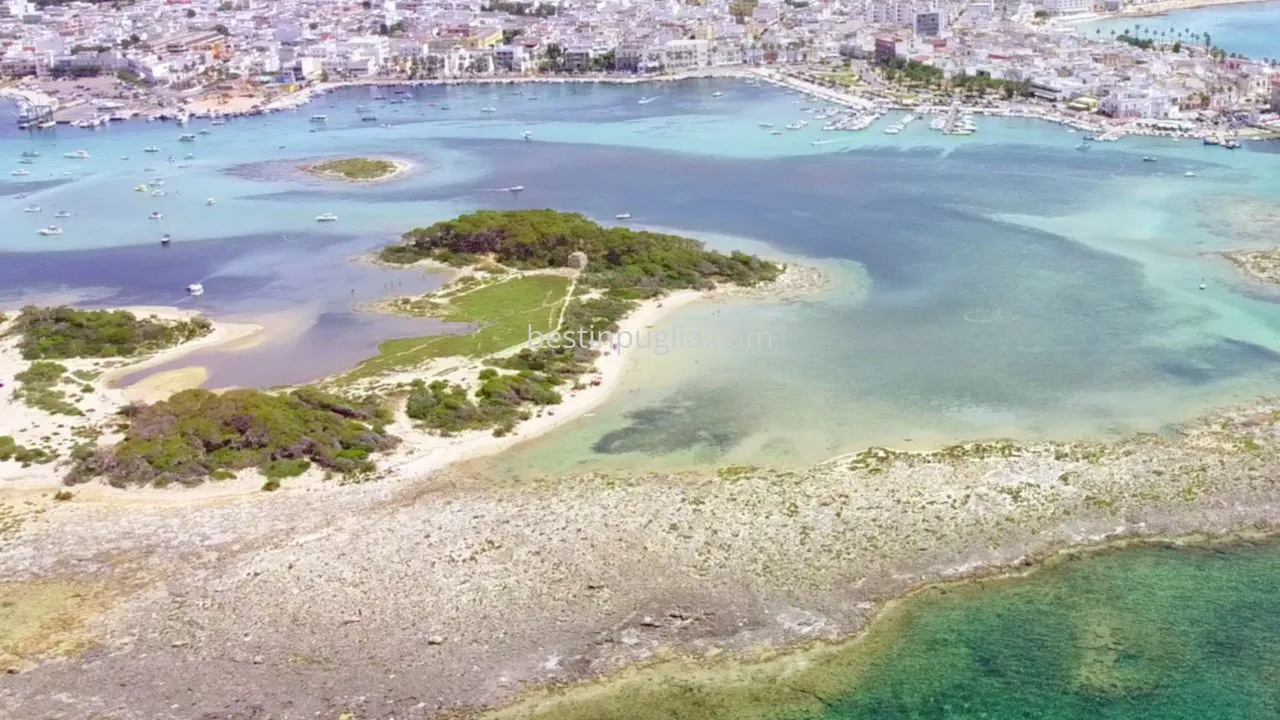 Kaninchenstrand in Porto Cesareo: Luftaufnahme des Strandes auf der Isola Grande vor der K&uuml;ste von Porto Cesareo