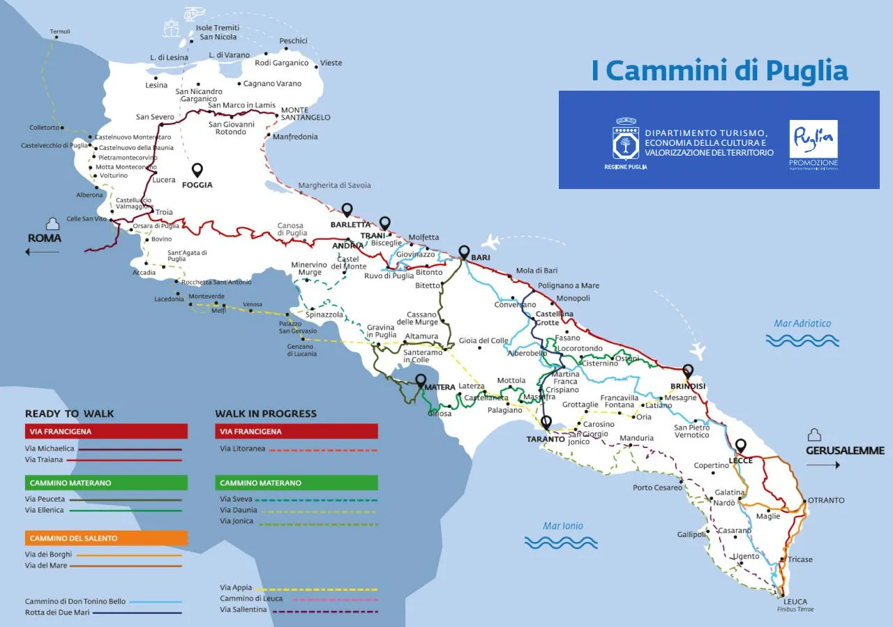 Via Francigena in Puglia, il cammino principale della Via Francigena e gli altri cammini alternativi in Puglia