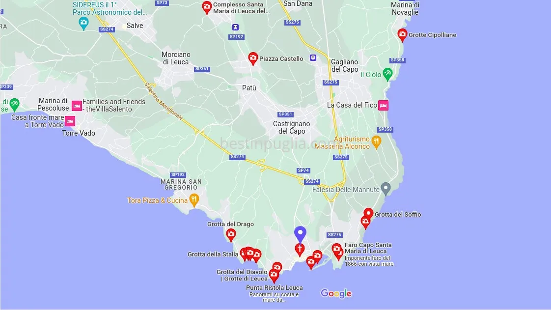 Santa Maria di Leuca: carte du territoire avec les POI du point le plus m&eacute;ridional des Pouilles