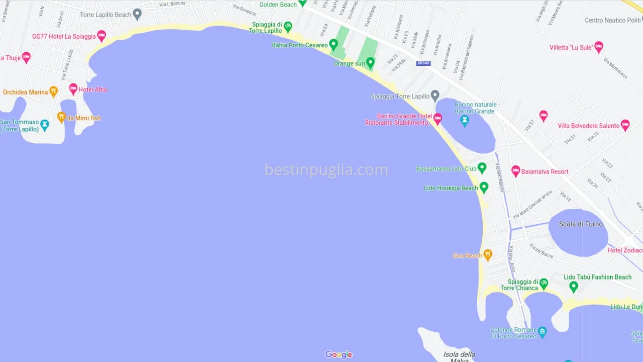 Map with best beaches near Torre Lapillo in Salento