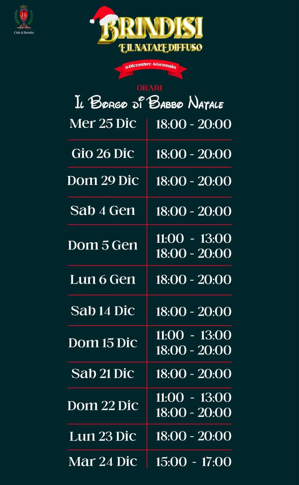 Christmas Brindisi, Santa Claus Board Timetable