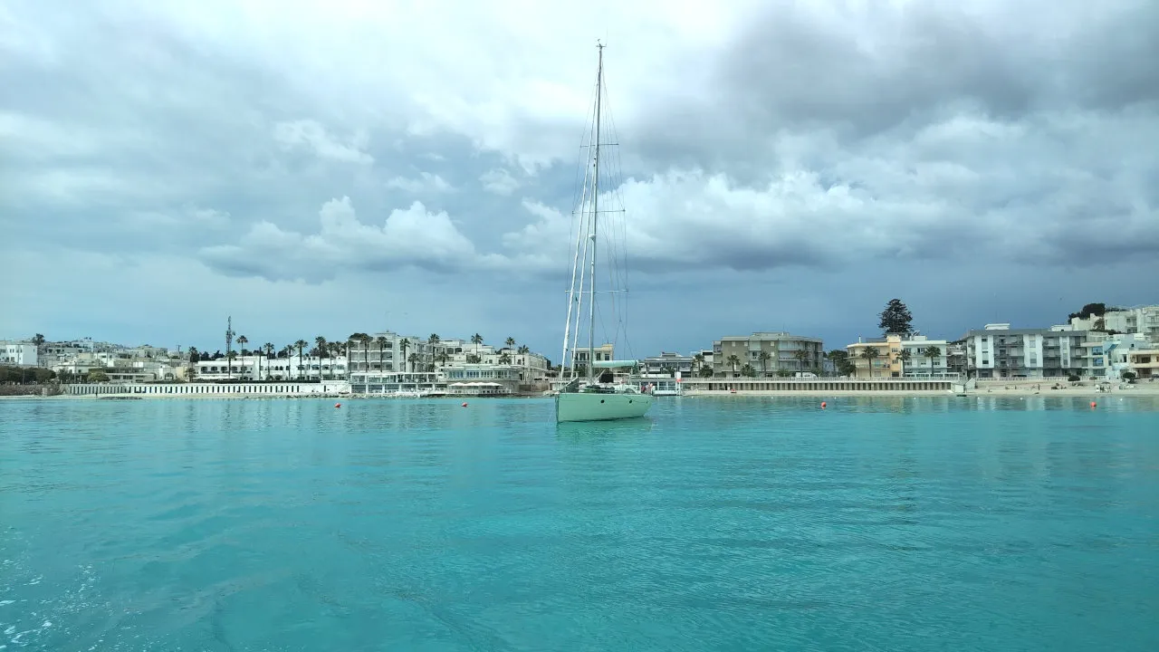Otranto, a glimpse of the Lungomare Terra d'Otranto and the beach seen from the sea.