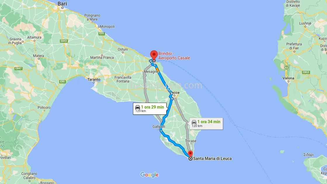 Santa Maria di Leuca: Karte, wie Sie vom Flughafen Brindisi nach Leuca gelangen