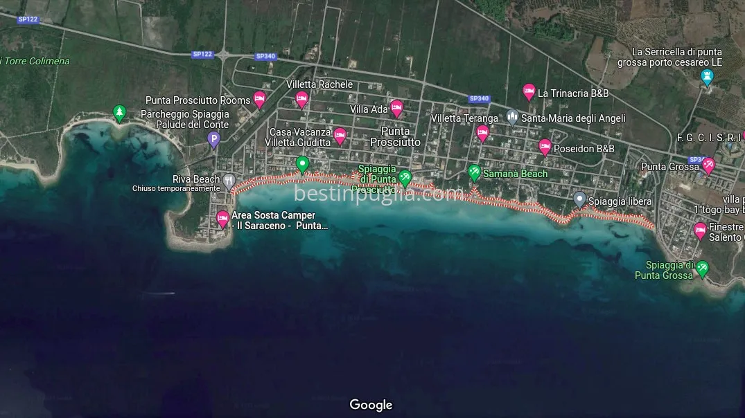 Strandkarte von Punta Prosciutto, zwischen Torre Colimena und Torre Lapillo