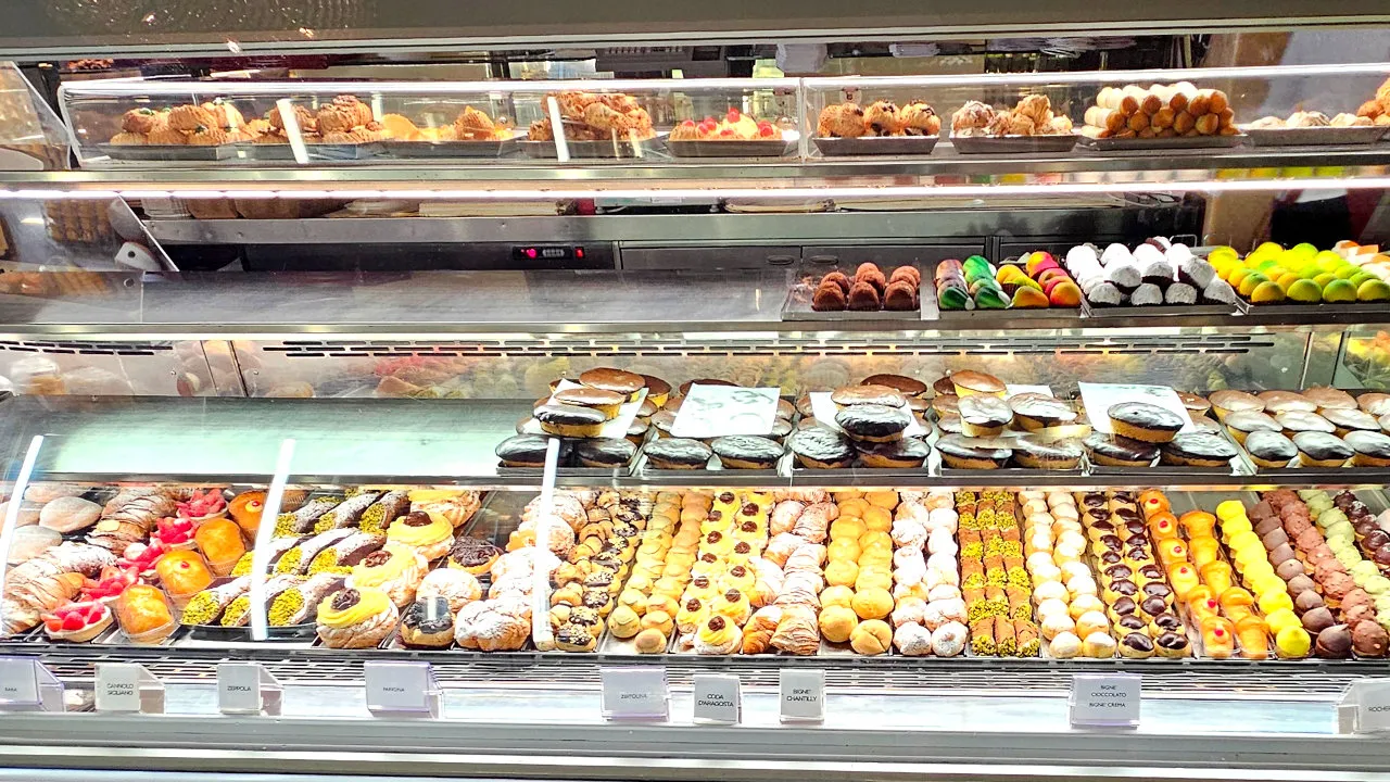 Pastry shop in Bari, display of fresh pastries